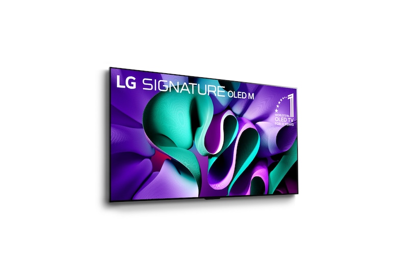 Slightly-angled right-facing side view of LG OLED TV, OLED M4 SINGATURE on a stand